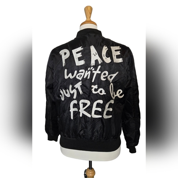 SHI Black Bomber Jacket Peace Graphic XL Streetwear festival Hip Hop Embroidered - Picture 1 of 7